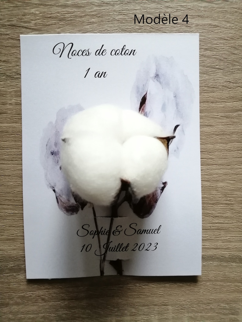 carte "noces de coton" avec une fleur de coton, 4 modèles au choix, personnalisable image 4