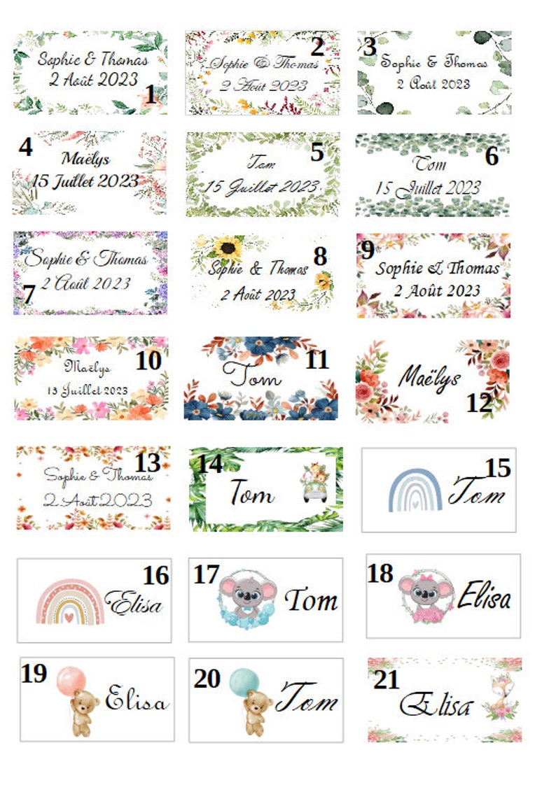 Lot de 10 étiquettes perforées, pour mariage, baptême, anniversaire, etc... personnalisables, 21 modèles au choix image 3