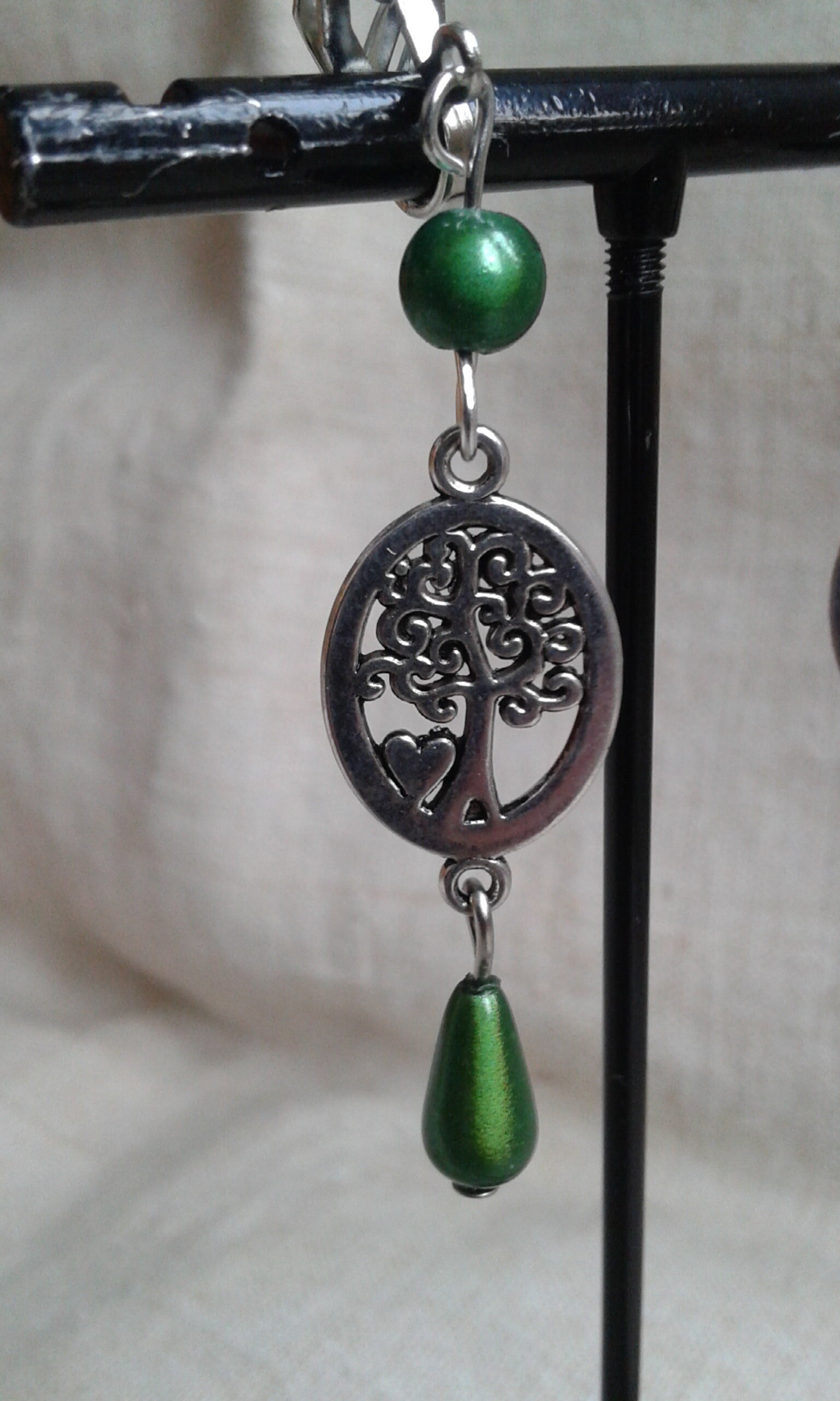Boucles D'Oreilles à Clips Longues 'Arbre De Vie' - Noir Et Blanc, Verre Cabochon