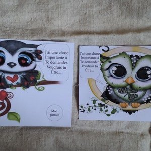 lot de 2 cartes à gratter  chouette "demande parrain et marraine", personnalisables