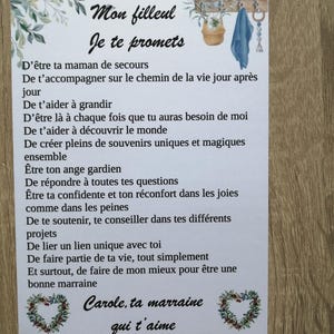 carte "mon filleul, je te promets", personnalisable
