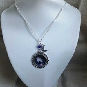 Peut inclure: Un collier en chaîne argentée avec un pendentif rond représentant une silhouette de chat noir sur fond de pleine lune. Le pendentif est orné d'un cadre argenté décoratif et un petit charme en forme de croissant de lune pend en dessous.