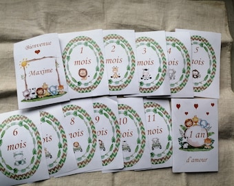 set of 13 "boy" baby step cards, 1st year, customizable, 2 models to choose from