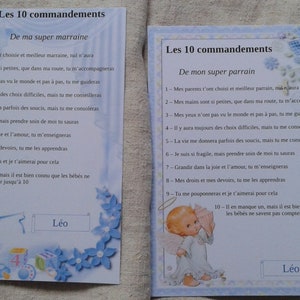 lot de 2 cartes petit garçon, "les 10 commandements du parrain et de la marraine", personnalisables