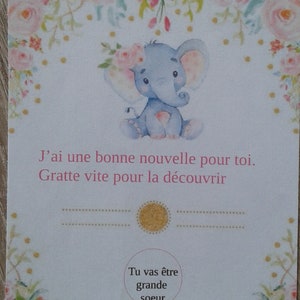 carte à gratter  éléphant "tu vas être grande soeur", personnalisable