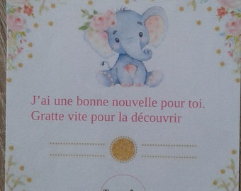 carte à gratter  éléphant "tu vas être grande soeur", personnalisable