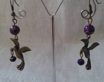 Bird and purple beads earrings