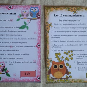 lot de 2 cartes, hiboux, "les 10 commandements du parrain et de la marraine", personnalisables