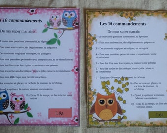 set of 2 cards, owls, "the 10 commandments of the Godfather and godmother", customizable