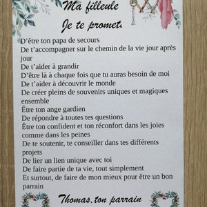 carte "ma filleule, je te promets", personnalisable