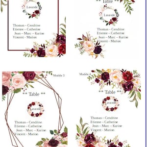 carte plan de table "fleurs roses et bordeaux", personnalisables, modèle au choix