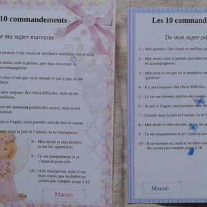 lot de 2 cartes petite fille, "les 10 commandements du parrain et de la marraine", personnalisables