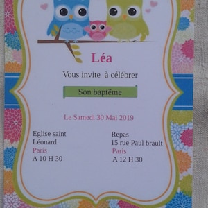 carte invitation "hibou fille", de baptême, personnalisable