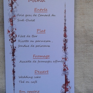 carte de menu "fleurs rouges" de mariage, personnalisable