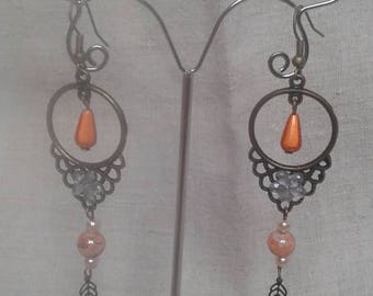 boucles d'oreilles bronze et perles oranges