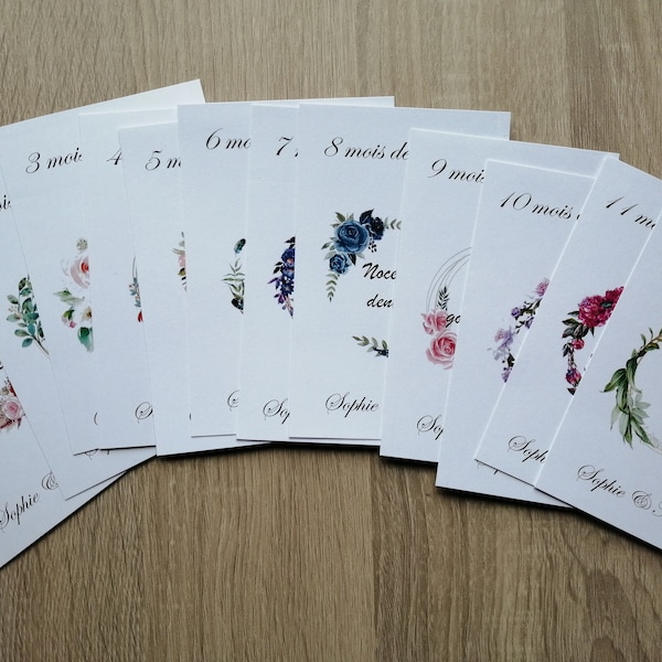 lot de 13 cartes "notre première année de mariage", personnalisables