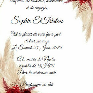 ensemble invitation mariage, modèle roses et plante plumeau, personnalisables