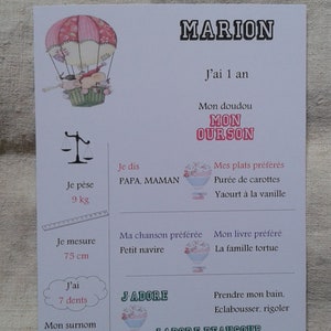 carte anecdotes pour un anniversaire, montgolfière fille, personnalisable