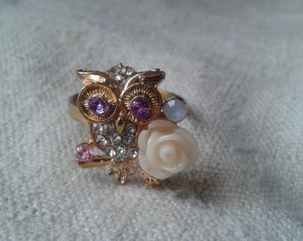 little owl, flower and rhinestone ring