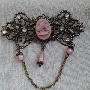 Broche Camée Portrait Rose Sur Cabochon - Laiton, Occasion, Bijou Vintage