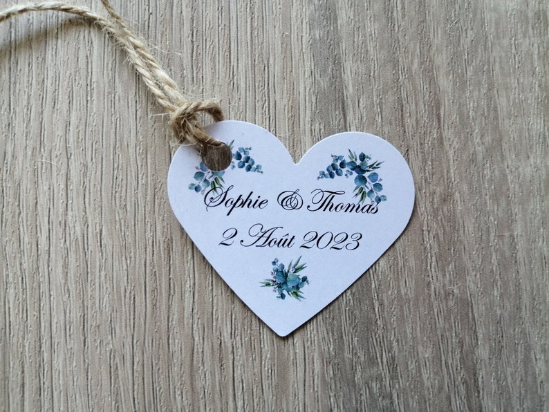 Lot de 10 étiquettes coeurs perforées, pour mariage, baptême, anniversaire, etc... personnalisables, 15 modèles au choix image 2