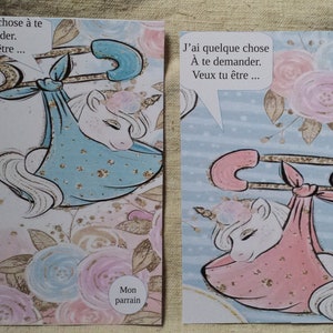 lot de 2 cartes à gratter  licorne "demande parrain et marraine", personnalisables