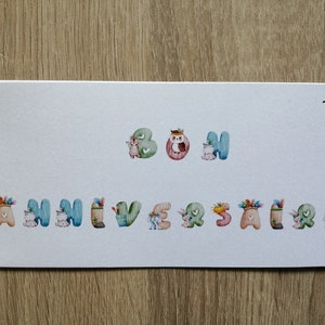 carte  "alphabets animaux" pour un anniversaire, fête,.. 10 modèles au choix, adulte et enfant, personnalisable