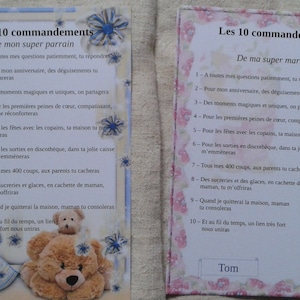 lot de 2 cartes ourson et chat, "les 10 commandements du parrain et de la marraine", personnalisables