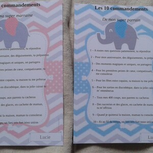 lot de 2 cartes éléphants, "les 10 commandements du parrain et de la marraine", personnalisables