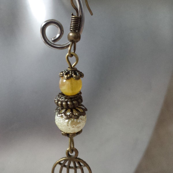 boucles d'oreilles "cage et oiseau bronze"