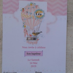 carte invitation "montgolfière fille", de baptême