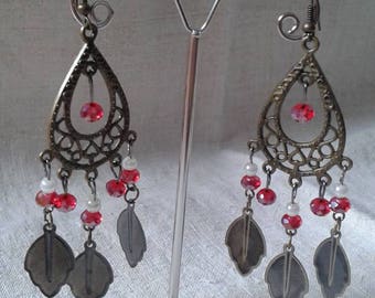 boucles d'oreilles bronze, rouges et blanches