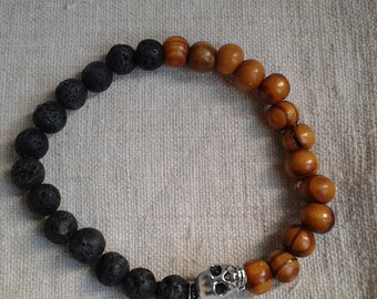 bracelet "perles de lave et tête de mort"