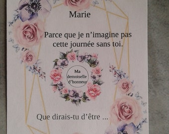 carte à gratter, fleurs roses et violettes "demande de  garçon ou demoiselle d'honneur", personnalisable