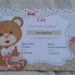 carte invitation "ourson fille", de baptême, personnalisable