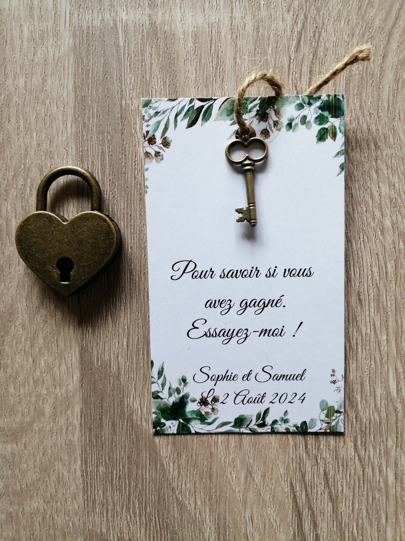 jeu du cadenas, pour jarretière ou bouquet, avec 20 clés plus celle ouvrant le cadenas et ses cartes personnalisables, 12 modèles au choix image 2