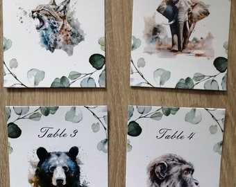 set de 12 tarjetas de diseño de mesa y/o tarjetas de lugar, animales, mariposas, pájaros, 5 modelos a elegir, personalizables