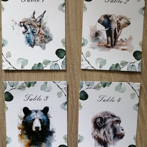 lot de 12 cartes plan de table et/ou marques places, animaux , papillons, oiseaux, 5 modèles au choix, personnalisables