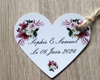 Lot de 10 étiquettes grands coeurs perforées, pour mariage, baptême, anniversaire, etc... personnalisables, 12 modèles au choix