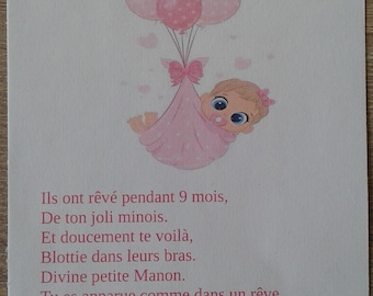 carte de naissance pour petite fille, modèle ballons