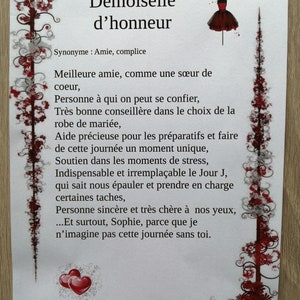 carte définition "demoiselle d'honneur", 2 modèles au choix,personnalisable