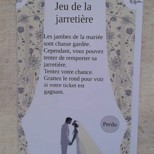 lot de 25 cartes à gratter "jeu de la jarretière", modéle couple de mariés, personnalisables