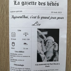 gazette des bébés, annonce, souvenir de naissance, personnalisable