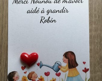 card with heart pin for teacher, nanny, customizable
