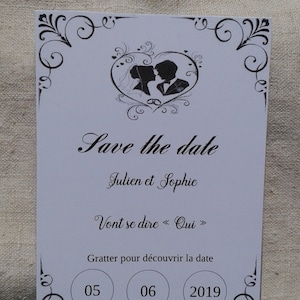 carte à gratter, save the date, noir et blanc, personnalisable