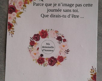 carte à gratter, fleurs bordeaux, "demande de garçon ou demoiselle d'honneur", personnalisable