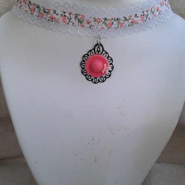 collier ras de cou "ruban liberty et chapeau rose"