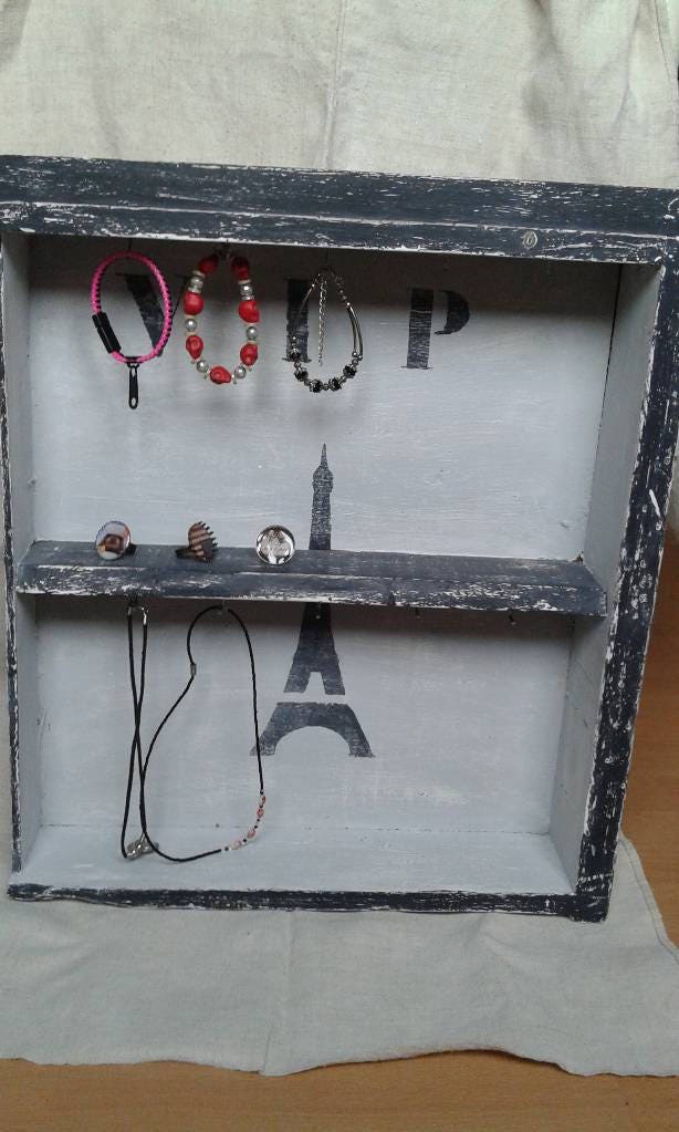 Tiroir Transformé en Rangement à Bijoux Patiné Gris Nuée et Noir