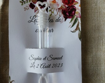 cadeau invité, lot de 10 "flacons de bulles et sa carte", personnalisable, 11 modèles au choix