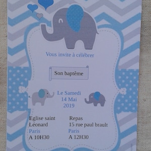 carte invitation "éléphant garçon", de baptême